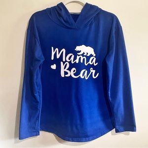 Mama Bear Long Sleeve Hooded Scoop Bottom Shirt, Blue/White, Small